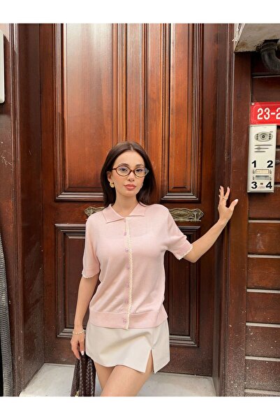 fujya Short Sleeve Polo Collar Lace Detail Viscon Knitwear Cardigan