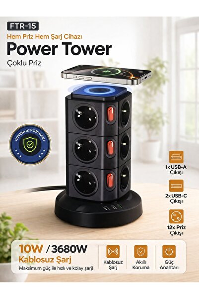 MO DOU 12’li Kule Tipi Çoklu Priz 3680W 16A Kablosuz Şarjlı USB-C + USB Power...