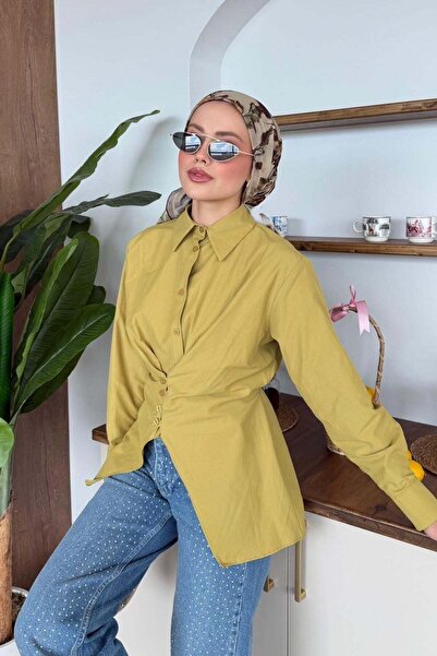 Hazamoda Πουκάμισο από ποπλίνα με εφαρμογή στη μέση, σε πράσινο λαδί