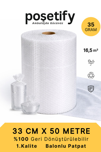 POŞETİFY 33 cm x 50 m Balonlu Naylon Patpat | 1.Sınıf | 3 Katlı | 16,5m2 | 35...
