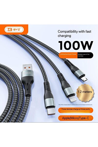 BYZ كابل شحن سريع X77 3 في 1 بقوة 100 واط - كابل مجدول من نوع C / Lightning /...