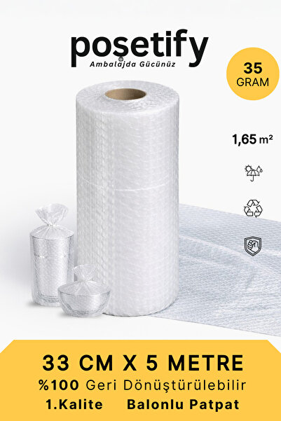 POŞETİFY 33 cm x 5 m Balonlu Naylon Patpat | 1. Sınıf | 3 Katlı | 1,65m2 | 35...