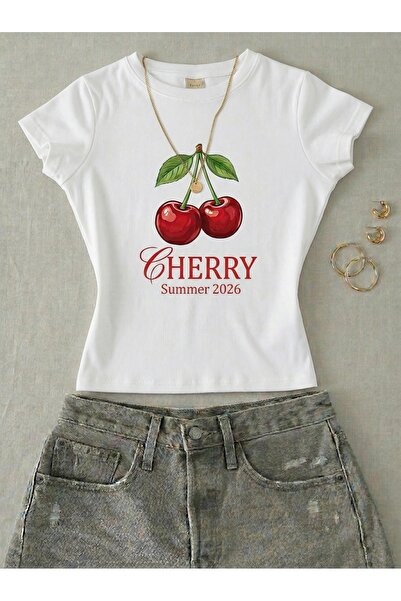 NİCE Γυναικείο κοντομάνικο μπλουζάκι με στάμπα κεράσια και λύκρα