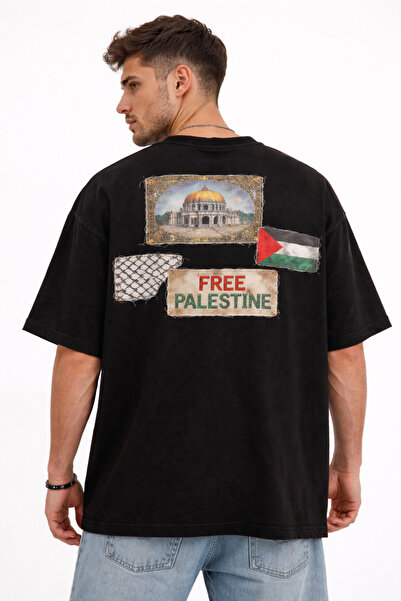 Nulivez Free Palestine Unisex Oversize Patchwork Detailed Printed T-Shirt – M...