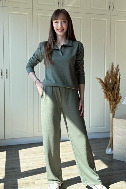 Dilay Gökoğlu Butik Σετ από ύφασμα Modal με γιακά πόλο σε χακί χρώμα