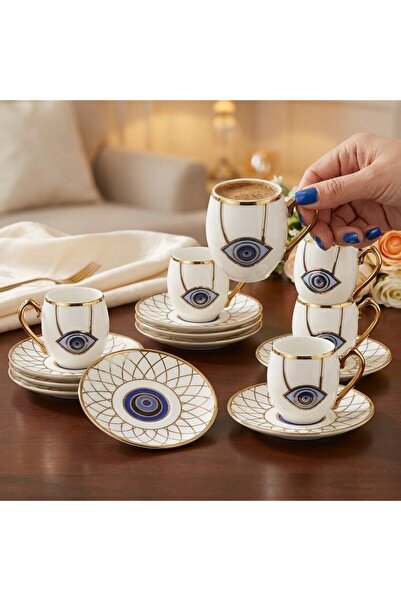 FAIR HOME Nazar Boncuğu Patterned Porcelain Coffee Cup Set with Gold Detail f...