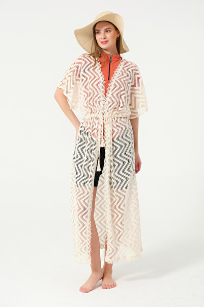 TESMAY Γυναικείο Μακρύ Παρεό σε Κρεμ Χρώμα με Διάτρητο Σχέδιο