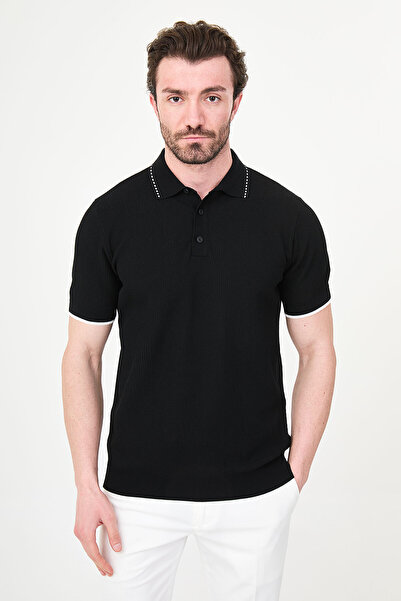 Mcr Patterned Slim Fit Polo Collar Buttoned Men's Knitwear T-Shirt Black - 11...