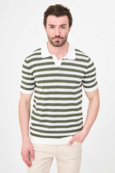 Mcr Striped Slim Fit Lapel Collar Men's Knitwear T-Shirt Ecru-Khaki - 11591.26Y