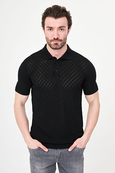 Mcr Patterned Slim Fit Polo Collar Men's Knitwear T-Shirt Black - 11586.26Y