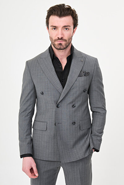 Mcr Striped Slim Fit Wide Collar Double Breasted Premium Wool Men's Suit Gray...