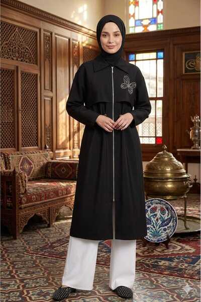 Puane Γυναικείο μακρύ καπάκι με φερμουάρ και μπροστινό κορδόνι στη μέση 152570