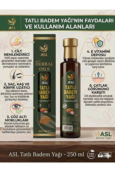 ASL Tatlı Badem Yağı 250 Ml | %100 Soğuk Sıkım | Sweet Almond Oil | Katkısız ...