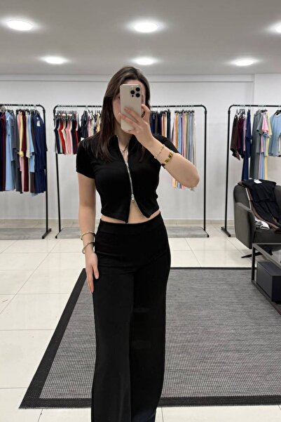 aura7 collection Cropped Zippered Modal Black Top and Bottom Set
