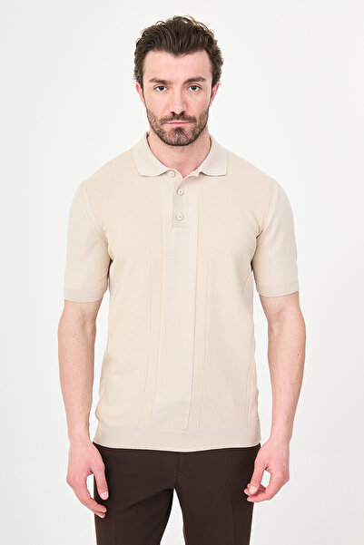 Mcr Patterned Slim Fit Polo Collar Men's Knitwear T-Shirt Beige - 11587.26Y