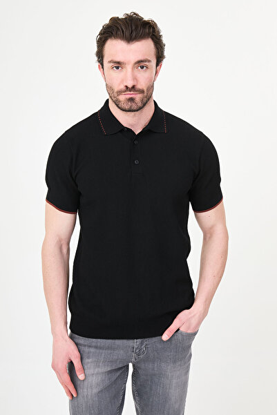 Mcr Patterned Slim Fit Polo Collar Buttoned Men's Knitwear T-Shirt Black-Tile...