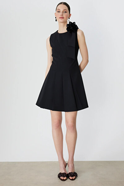 Ekol Omzu Rose Accessory Sleeveless Mini Dress-6136