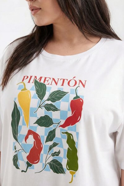 GIA - ART Women's Double Oversize T-Shirt Pimentón Printed White – Crew Neck, Comfortable Fit, 100% Cotton