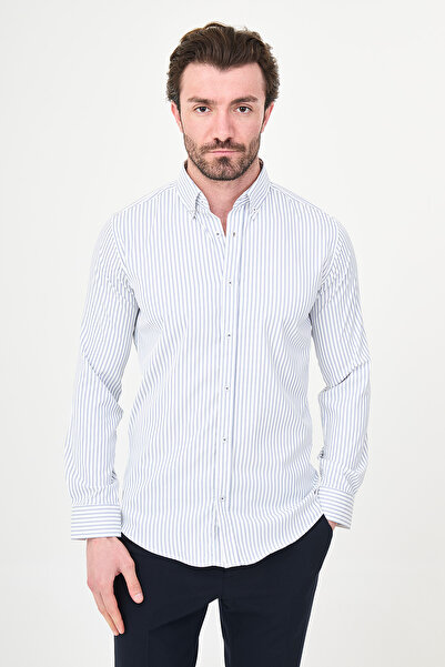 Mcr Striped Slim Fit Stand Collar Men's Shirt Navy Blue - 27148.26Y