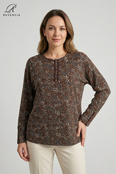 Ravencia Γυναικεία μπλούζα από χτενισμένο βαμβάκι με στάμπα λεοπάρ και λάμψη ...