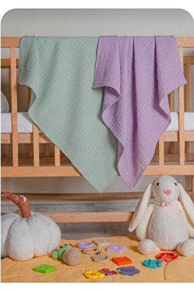 Manora 2-Piece Muslin Baby Blanket (Green & Lilac) Swaddle with Bottom Opening