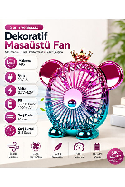 USB Şarjlı Dekoratif Masaüstü Fan 1200mAh Sessiz Mini Vantilatör 3 Kademeli