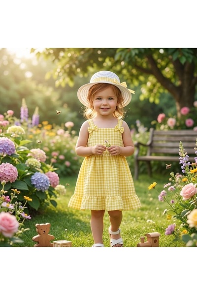 MUBA KIDS Kız Çocuk Pötikareli (Kırmızı Düz) Yazlık Elbise ve Şapka Takımı