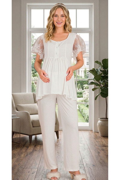 Lohussa New Season Ecru Summer Elegant Lace Sleeve Design Button Detailed Mat...