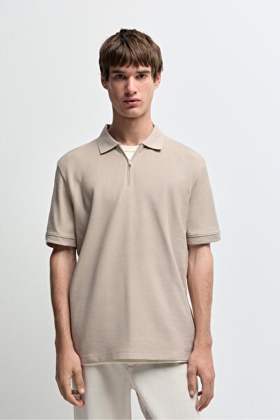 LEFTIES Fermuarlı dokulu polo yaka t-shirt