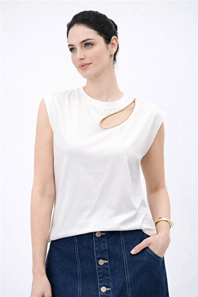 Fashion Friends Γυναικεία Μπλούζα με Λεπτομέρεια Παραθύρου και Πέτρινο Εκρού ...