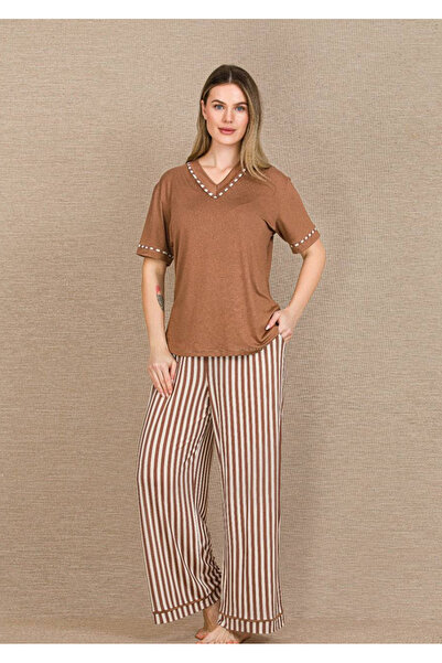 Lady Σετ γυναικείες κοντομάνικες πιτζάμες από βισκόζη σε χρώμα καπουτσίνο