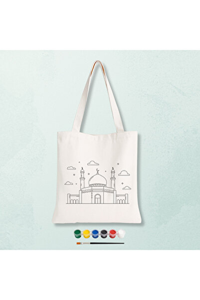 Cemira Sevimli Cami Tasarımlı Boyalı Boyanabilir Bez Çanta - Çocuklar İçin Eğ...