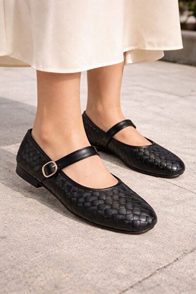 MAYA SHOES Siyah Örgü Yuvarlak Burunlu Kapalı Baretli Ortopedik Babet