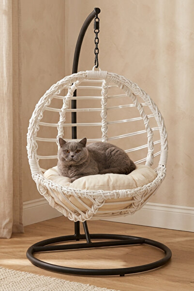 KalyonHome Ayaklı Rattan Kedi Salıncağı Kedi Yatağı Minderli 44x50 cm