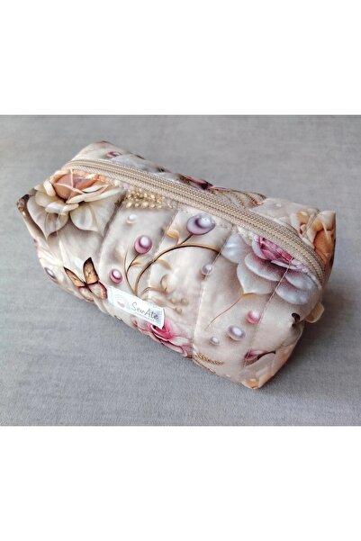 Handmade Pudra Bej Vintage Gül Desenli Elyaf Dolgulu Seyahat & Makyaj Çantası...