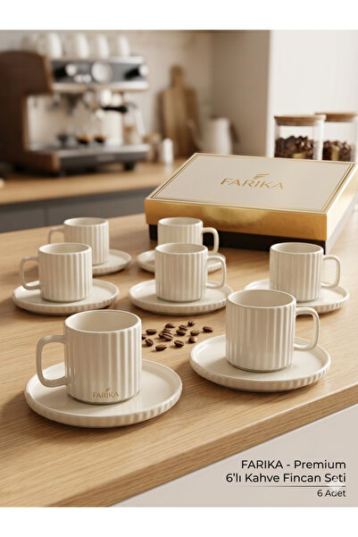 FARİKA Beyaz Fitilli 6'lı Porselen Türk Kahvesi Fincan Takımı - Modern ve Zar...