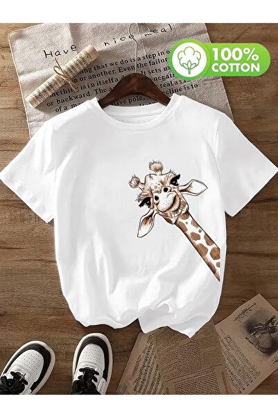 AEMİ Tricou unisex cu imprimeu girafă, supradimensionat, cu gât rotund