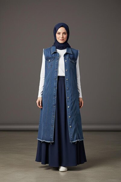 Züvara Taşlanmış denim püskül detaylı yelek