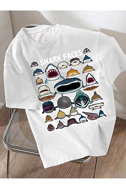 AEMİ Μπλουζάκι Unisex Sharks Sharks με στάμπα Oversize Crew Neck