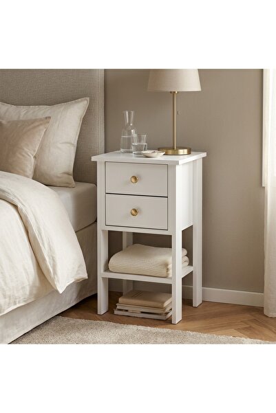 Home MANDOSİ Çift Çekmeceli Beyaz Komodin Gold Kulp
