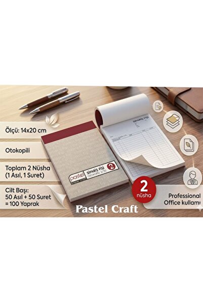 pastel craft Sipariş Fişi 14x20 cm 2/50 Otokopili (50 asıl 50 suret 100 yapra...