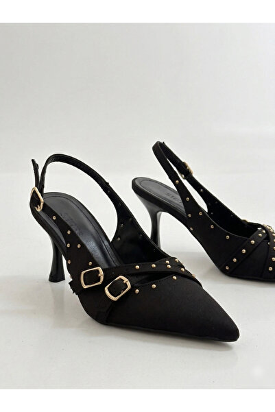 leopar by çetinay Satin Gold Staple Detailed Women's Classic Heeled Shoes / S...