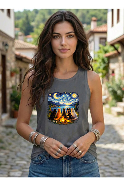 SUNFREE Γυναικείο μπλουζάκι με στάμπα STARRY NIGHT CATS, αμάνικο εσώρουχο