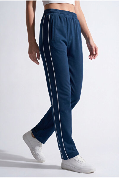 Veleno Γυναικείο μπλε χτενισμένο βαμβακερό παντελόνι φόρμας με φερμουάρ και ί...