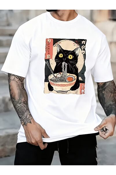 AEMİ Μπλουζάκι Unisex Ramen Cat με στάμπα, μεγάλου μεγέθους, με λαιμόκοψη ποδ...