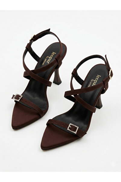 leopar by çetinay Coffee Satin Diamond Stone Buckle Detailed Classic Heeled S...