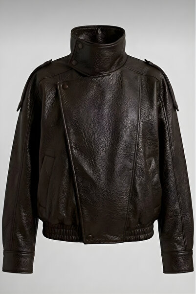 moda armanc Γυναικείο δερμάτινο μπουφάν Bitter Brown Oversize με όρθιο γιακά,...