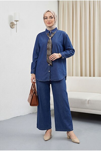 HİJABAYA Σετ τζιν από τένσελ με καρφίτσα, ζώνη και παντελόνι με πέτρινα κουμπιά