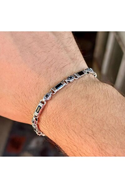 MS Mercan Silver 925 Ayar Gümüş Siyah Zirkon Taşlı Erkek Bileklik