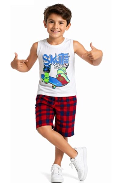 İrem Çocuk Giyim Boy's Strappy Skateboard Patterned T-Shirt and Shorts Ecru C...